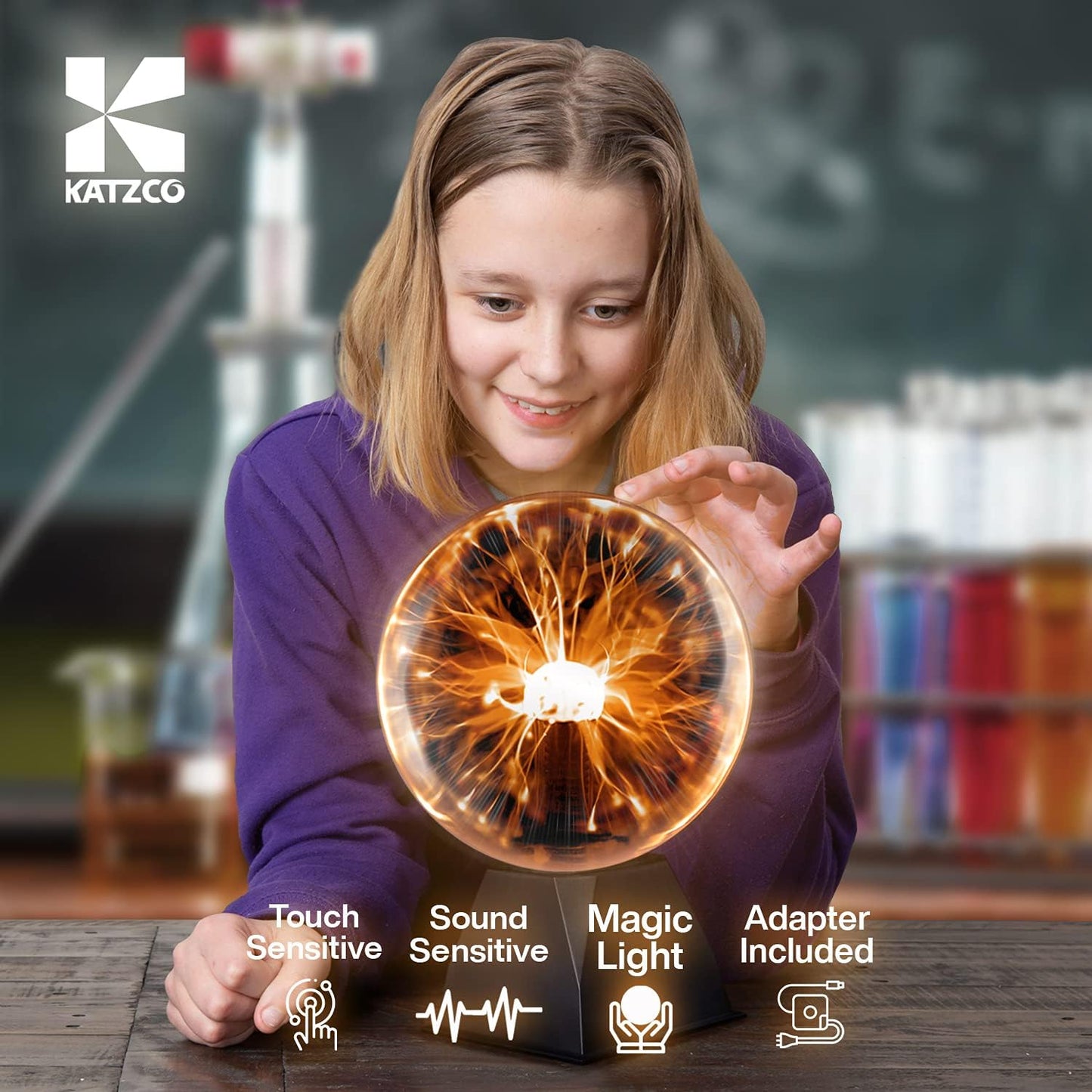 Katzco 7.5-Inch Orange Interactive Plasma Ball - Nebula Sphere, Thunder Lightning, Plug-in - Touch and Sound Sensitive Plasma Globe, STEM Science Toy for Parties, Decorations, Prop, Kids, and Gifts