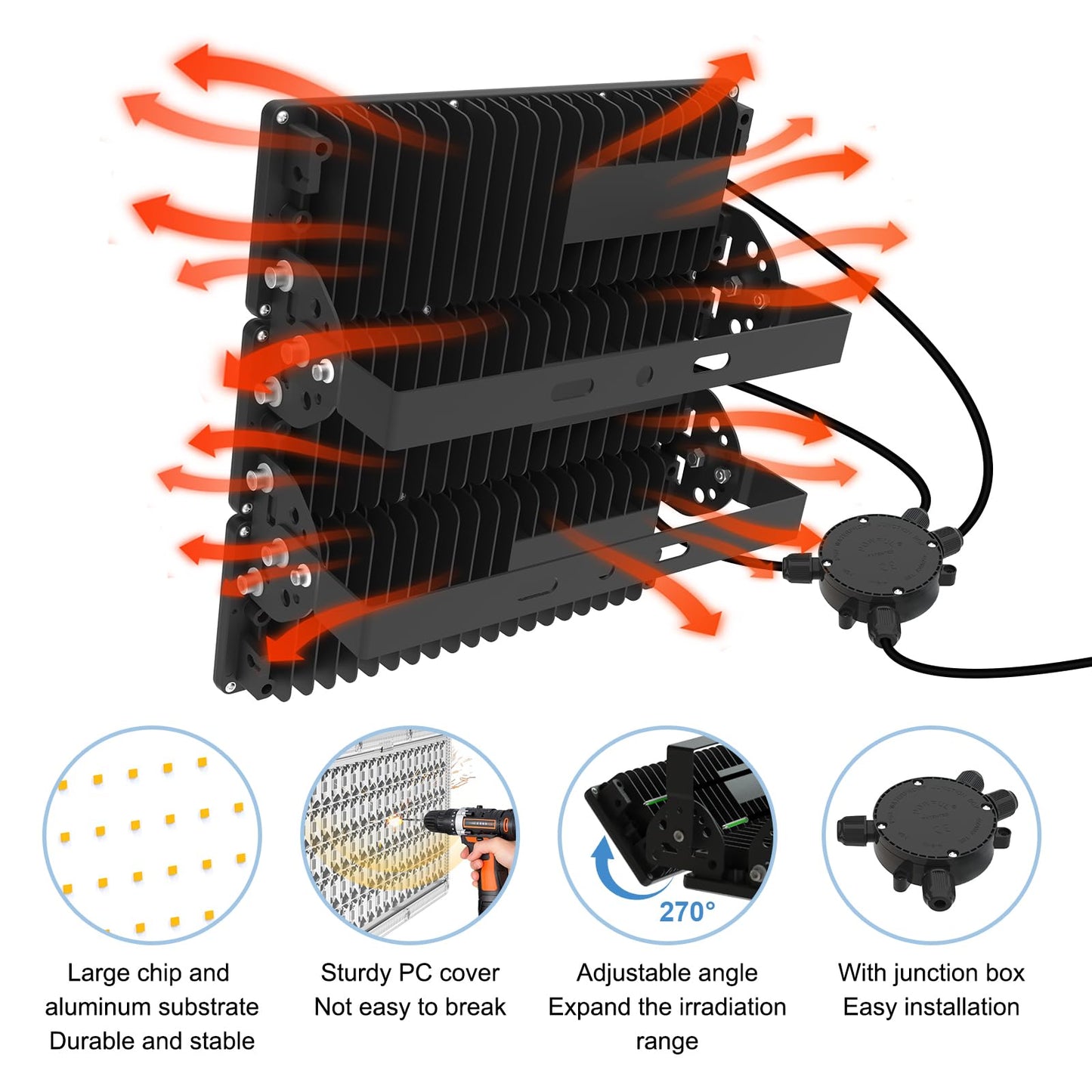 Kekeou LED Flood Light 300W, 42000LM, IP67 Waterproof, 6500K Daylight White, Aluminum, Black, Model GD-MZ300W-W-B
