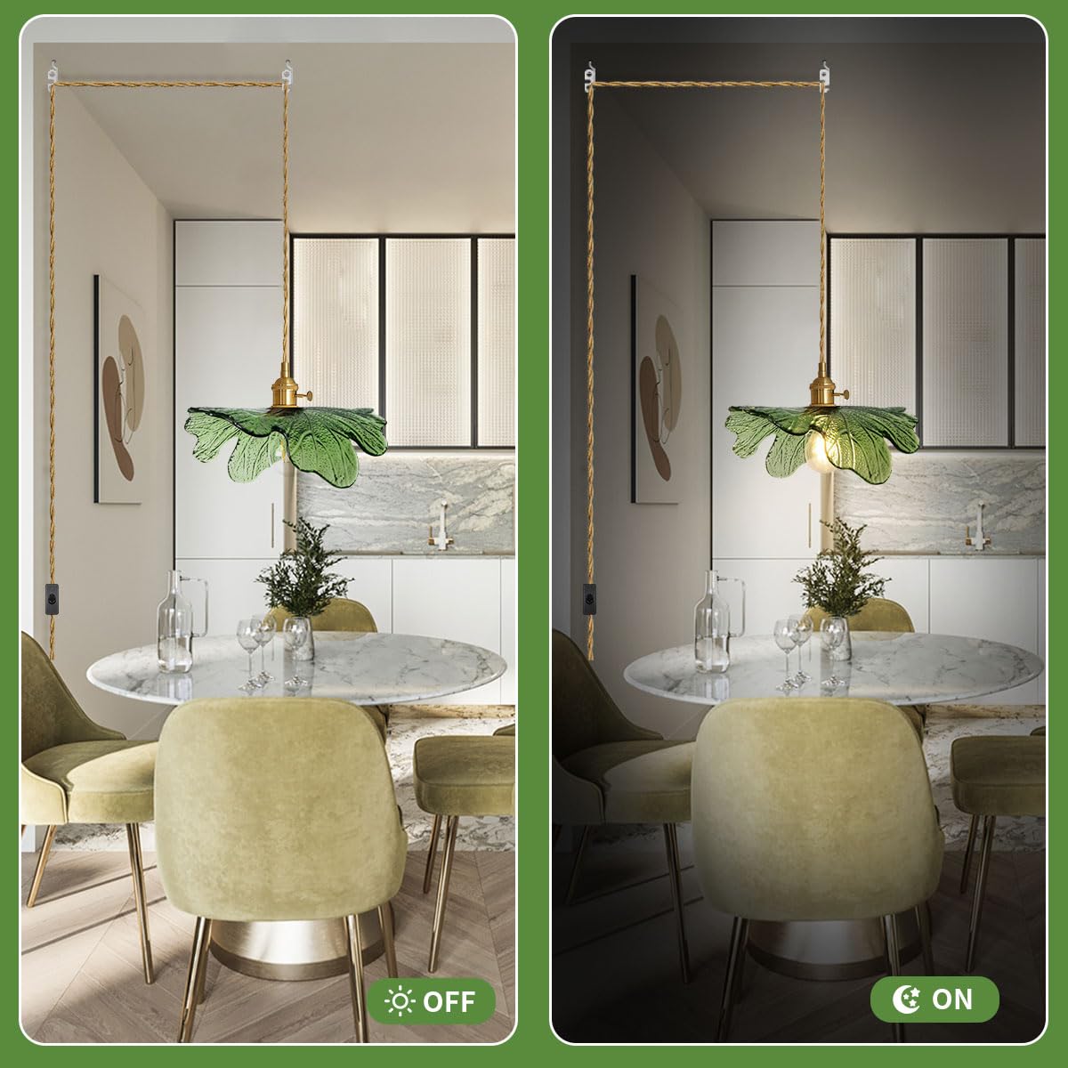 Auwieou Plug In Pendant Light Green Glass Pendant Lighting 14.75Ft Hanging Light With Plug In Cord 1-Light Hand Blown Brass Pendant Light Plug In Hanging Lamp For Kitchen Bedroom Living Dining Room