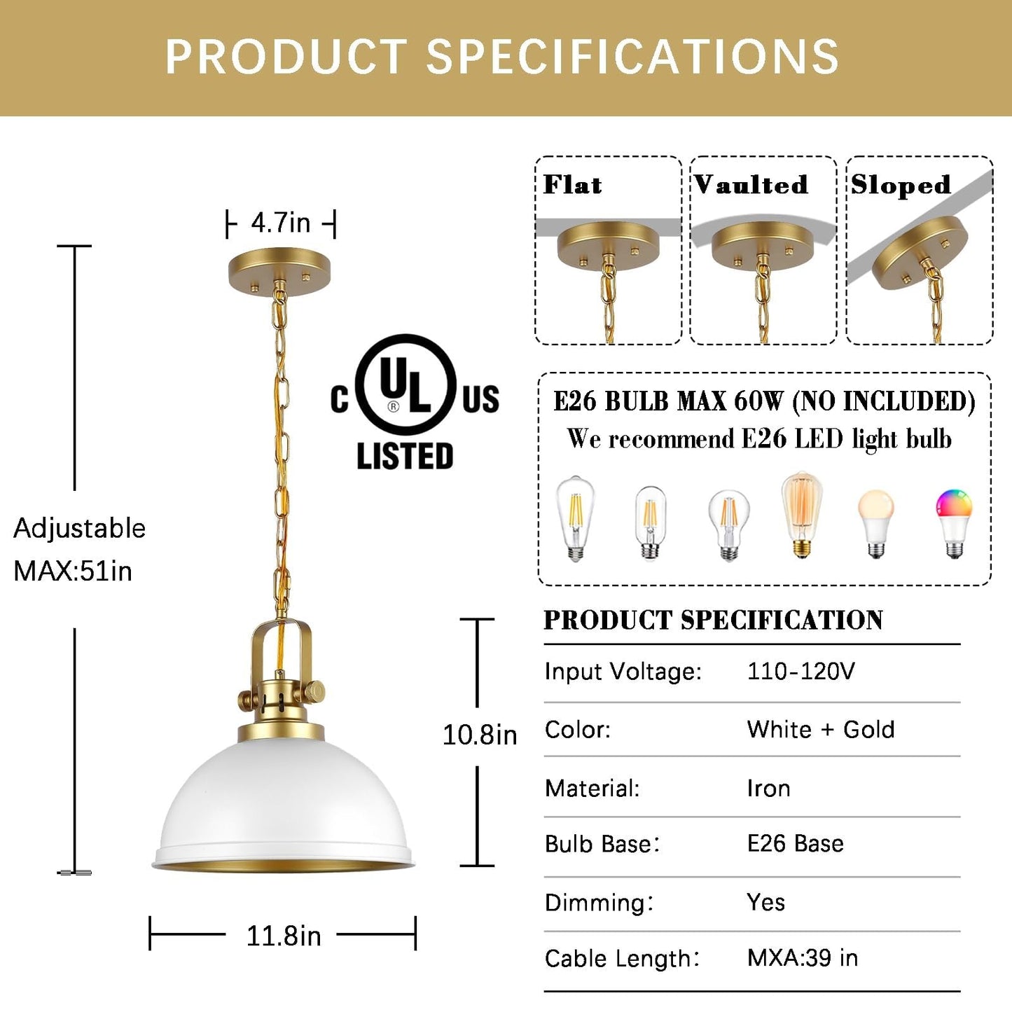 Mgcanyu Modern White And Gold Pendant Lights 11.8 Vintage White Gold Pendant Light Fixtures Iron Dome Lighting Hanging Ceiling For Kitchen Island Dining Room Restaurant Bedroom Farmhouse Entrance