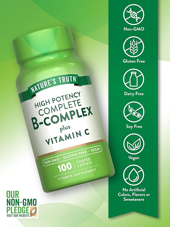 Nature's Truth Vitamin B Complex Plus Vitamin C | 100 Caplets | Vegan, Non-GMO & Gluten Free Supplement