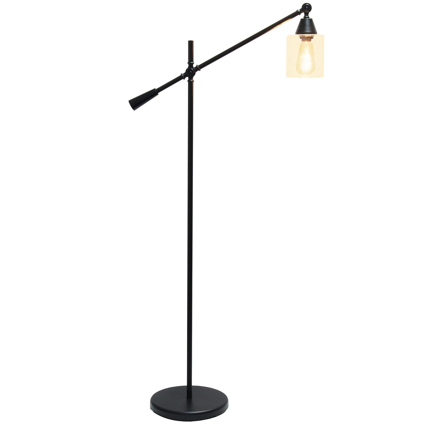 Elegant Designs Floor Lamp, Pivot Arm, Glass Shade, 30inL x 11inW x 56inH, Metal, Black, Model LF1030-BLK