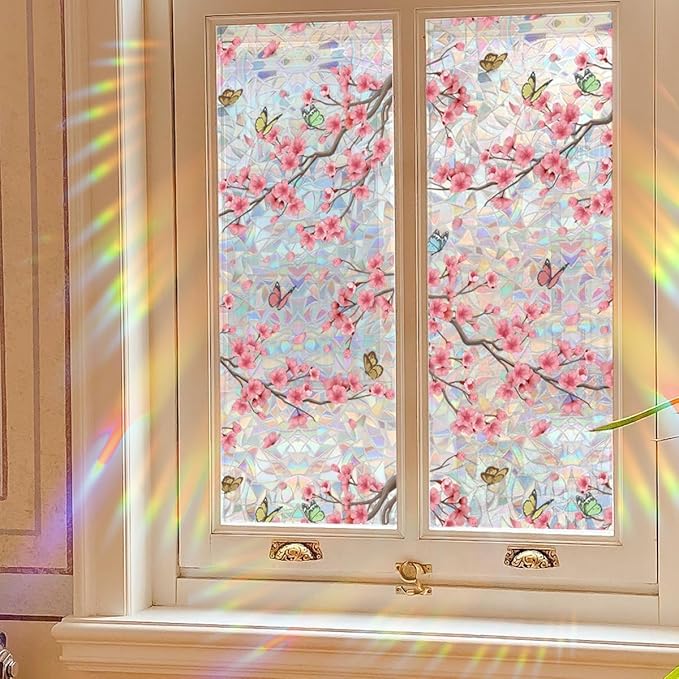 Runtoo Window Privacy Film Rainbow Cherry Blossom Flower Window Clings 3D Decorative Vinyl Stained Glass Butterfly Floral Decals Static Sticker Non-Adhesive, 15.75 x 79 inches