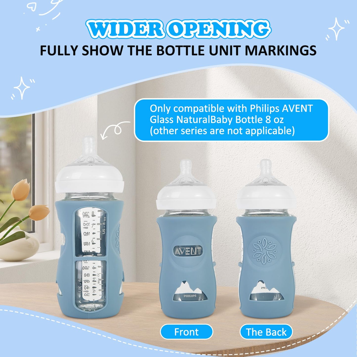 MINMUNJIU 3 Pack Silicone Sleeves for Philips Avent Natural Glass Baby Bottles, Anti Breakage Baby Bottle Holder for Baby Boys, Compatible with Philips Avent Glass Natural Baby Bottle, 8oz