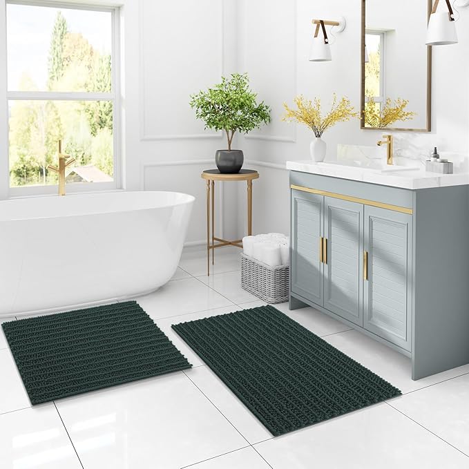 Arotive Luxury Chenille Bathroom Rug Mat, Extra Soft Thick Absorbent Shaggy Bath Rugs, Non-Slip Machine Wash Dry, Plush Bath Mats for Bathroom, Shower and Tub, 40x32, Dark Green