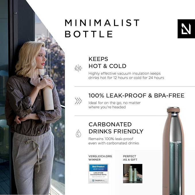 LARS NYSØM Stainless Steel Insulated Water Bottle 12oz 17oz 25oz 34oz 51oz | BPA-free Insulated Thermo Flask for Hot and Cold Beverages | Leakproof Drinking Bottle (Café au Lait, 34oz)