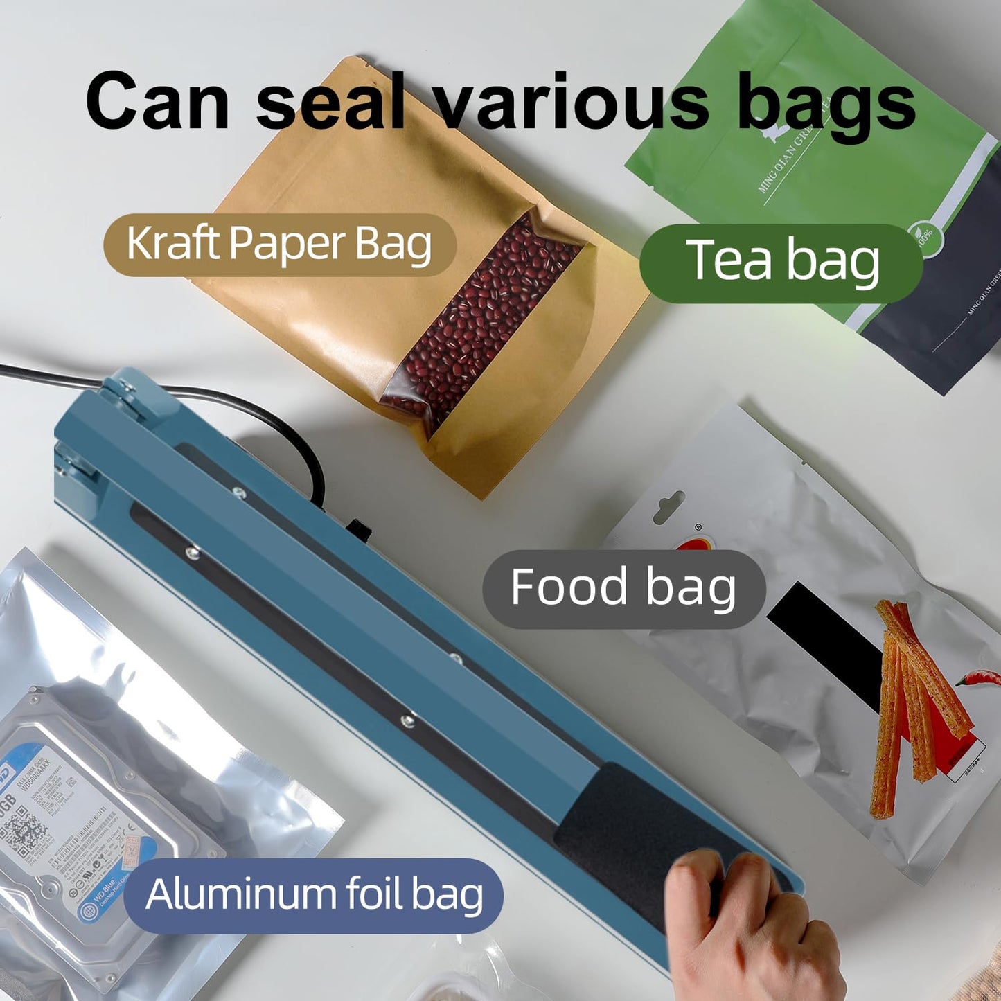 Metal body,Impulse Heat Sealer Manual Bags Sealer Heat Sealing Machine 8 Inch Impulse Sealer Machine for Plastic Bags PE PP Bags with Extra Replace Element Grip