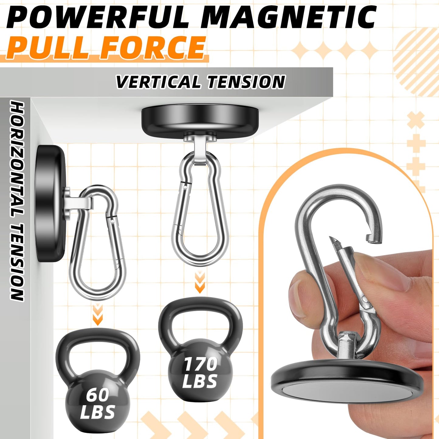 FINDMAG Magnetic Hooks 170LBS Heavy Duty Magnet with Carabiner Hook, Strong Magnetic Hooks for Hanging for Home, Cruise Ship, Office Locker, Workplace, Refrigerator or Travel (2 Pack)