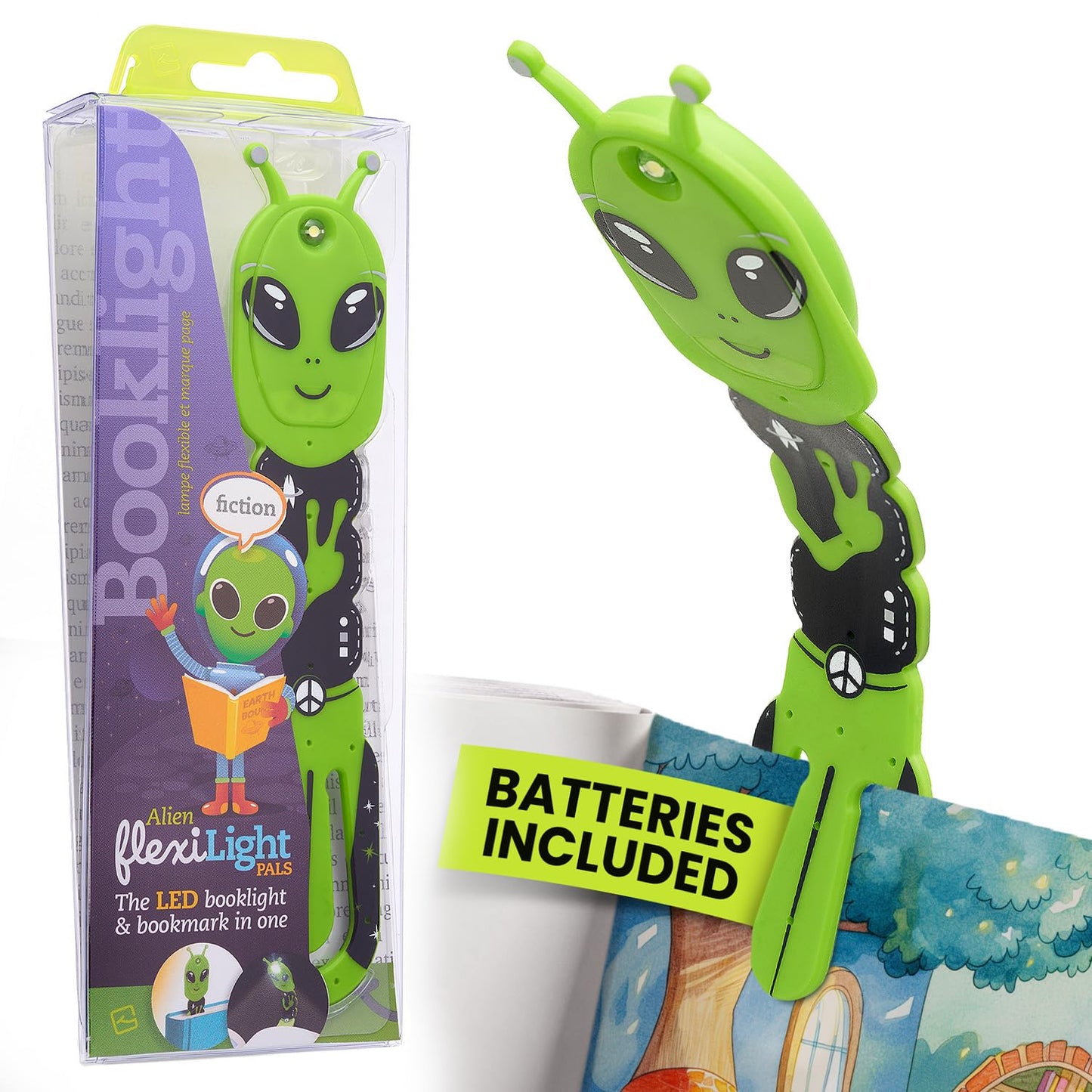 Gifts For Readers & Writers Flexilight Pal 2-In-1 Led Reading Light, Portable Bookmark & Clip-On Lamp, Battery Operated, Alien Green