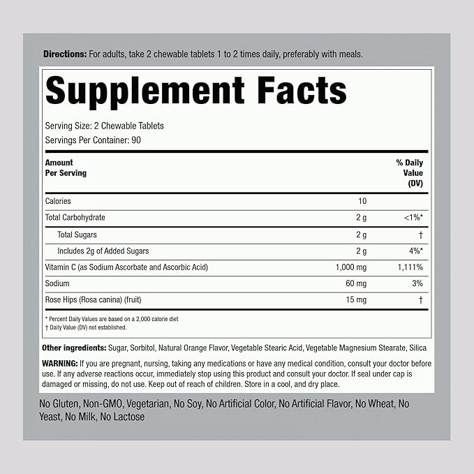 Piping Rock Vitamin C Chewable 1000mg | 180 Tablets | Orange Flavor | Vegetarian, Non-GMO, Gluten Free Supplement
