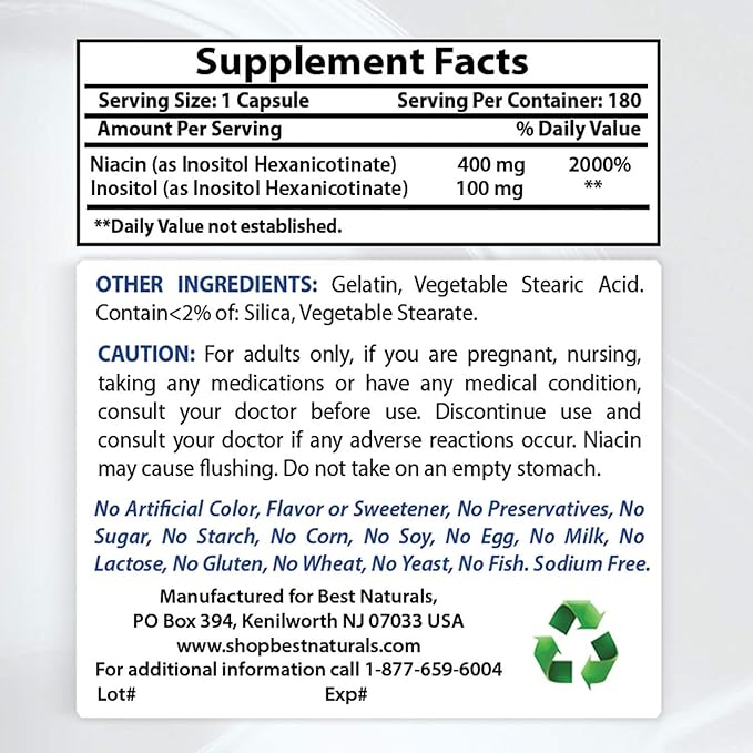 Best Naturals Flush-Free Niacin Inositol Hexanicotinate 500 mg 180 Capsules