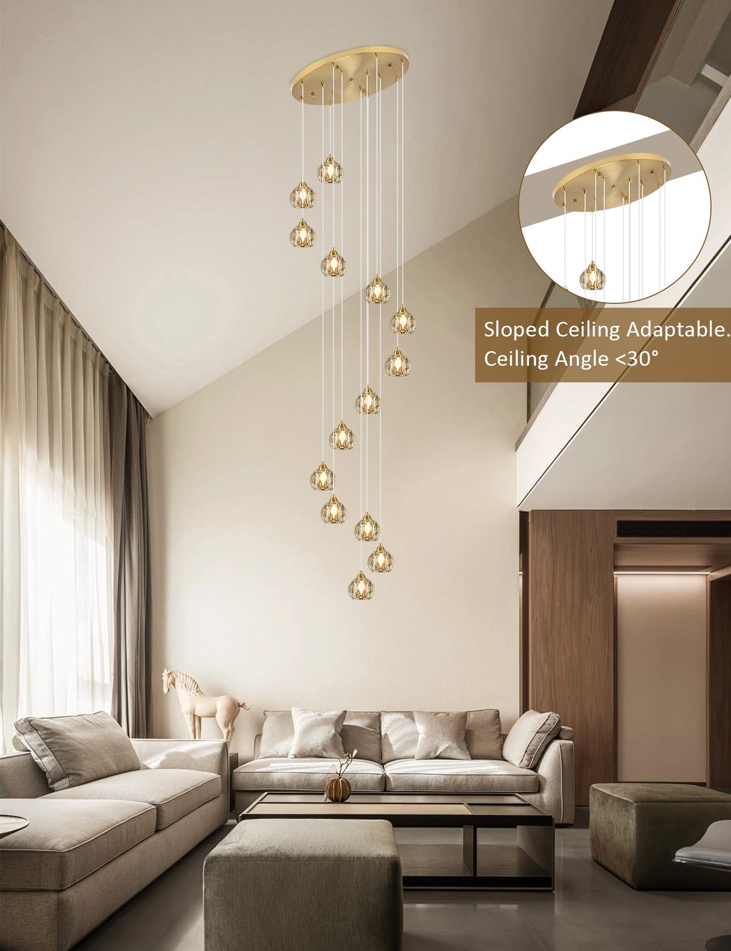 Weesalife Crystal Chandelier, 14-Light Brass Pendant Light Fixture for Living Room, Kitchen, Foyer, Model 8817-12C BR