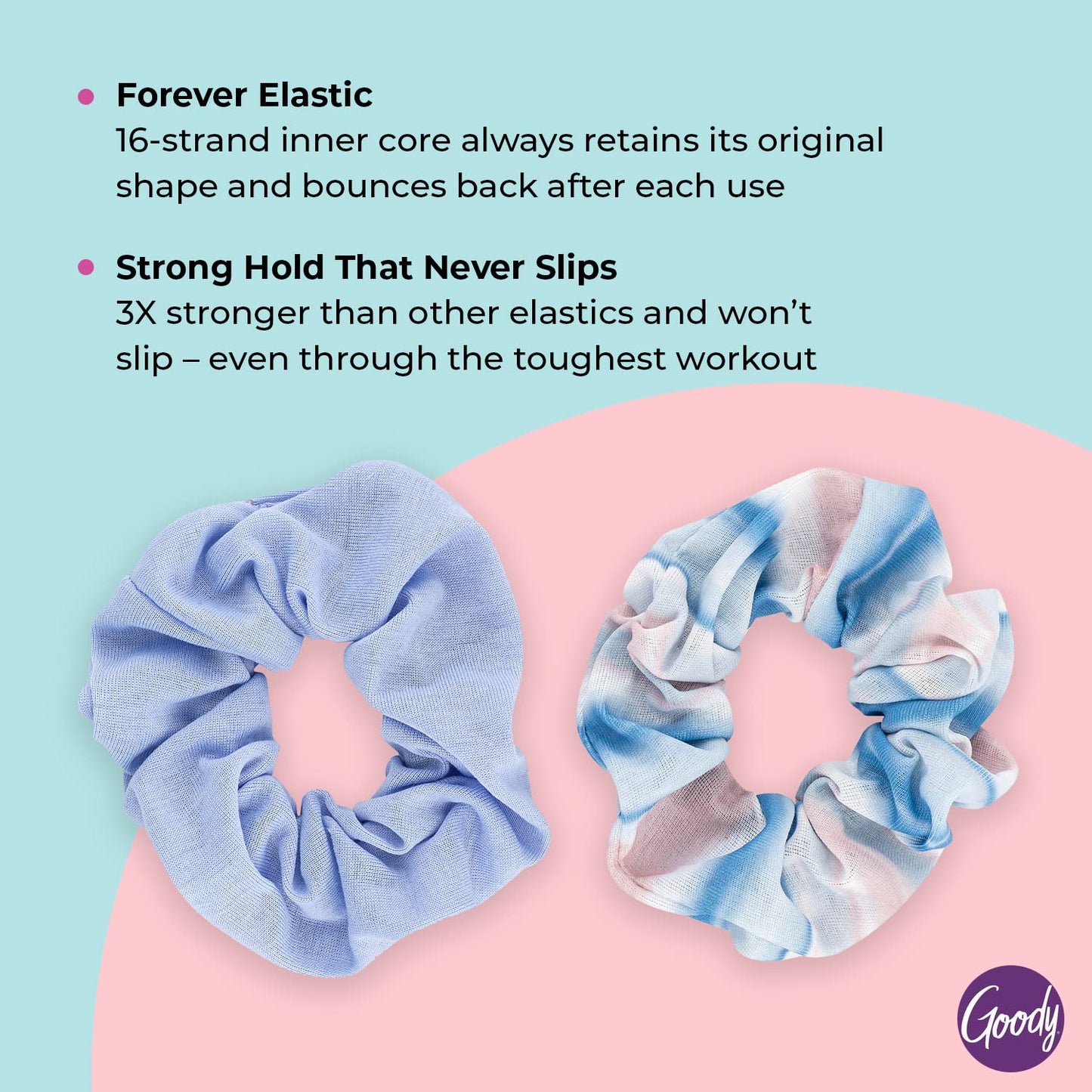 Goody Ouchless Forever Cotton Scrunchies, 2 Ct, Blue Stripes, 3X Stronger Damage-Free Hold Hair Scrunchies, 16 Strand Inner Core