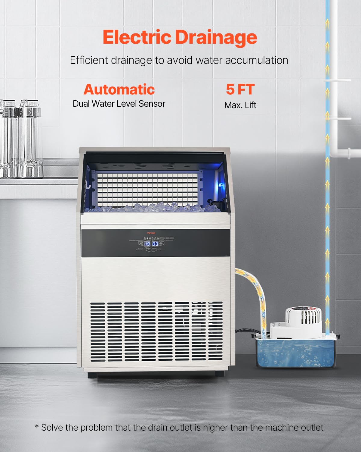 Vevor 440Lbs/24H Commercial Ice Maker Machine With Drain Pump, 110Lbs Storage Capacity Ice Maker, 160 Ice Cubes In 15 Minutes, L