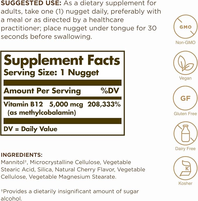 Solgar Methylcobalamin (Vitamin B12) 5000 mcg, 30 Nuggets - Supports Energy Metabolism - Body-Ready, Active Form of B12 - Vitamin B - Non GMO, Vegan, Gluten, Dairy Free, Kosher - 30 Servings