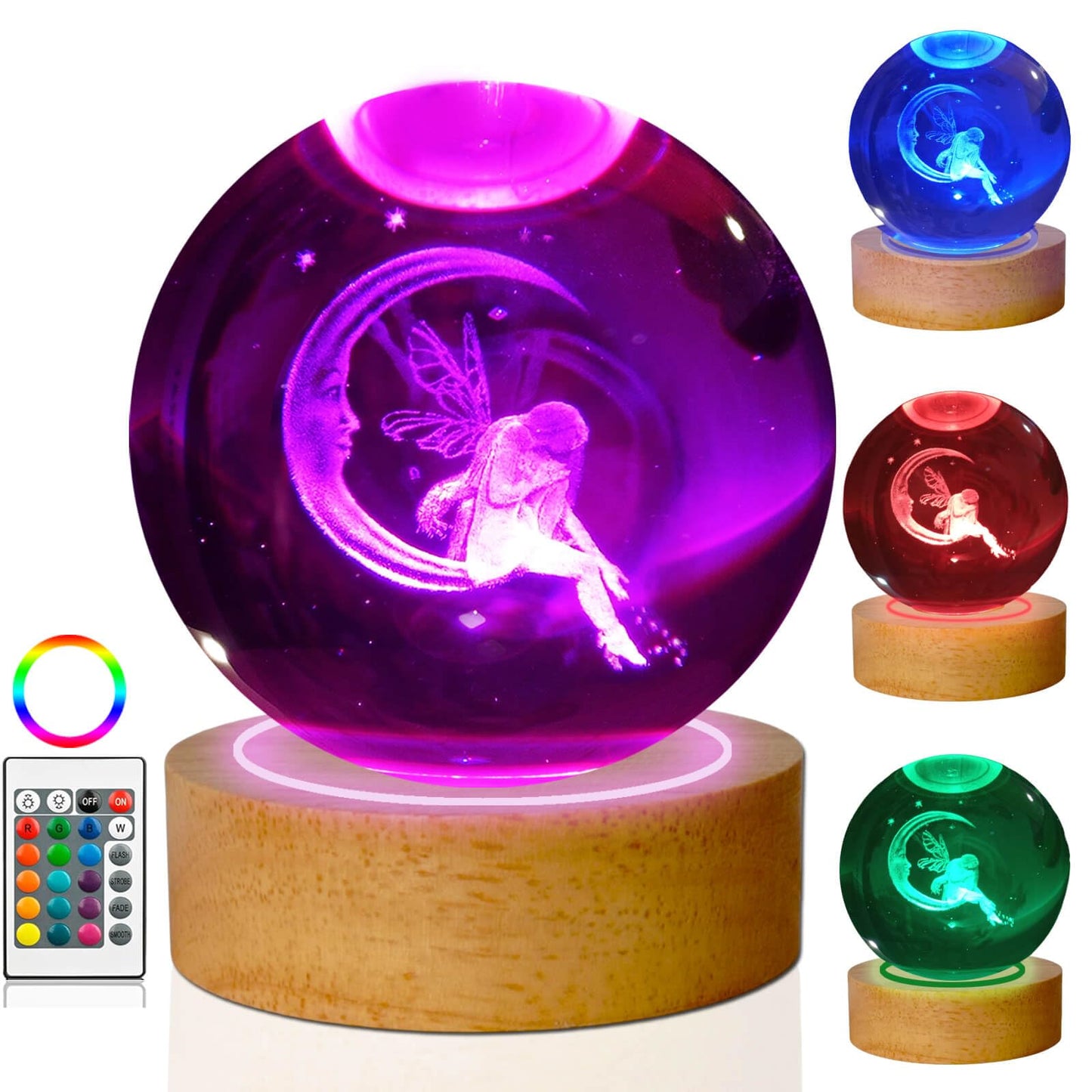 LINSINA 3D Moon Lamp, 3.15in Crystal Ball Night Light, 16 Colors with Wooden Base & Remote Control, Moon-elf Variant