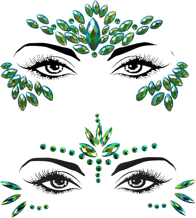 2 Pack Green Face Gems Jewels for Women Cosplay Glitter Mermaid Ivy Makeup Accessories Halloween Green Face Jewel Stickers...