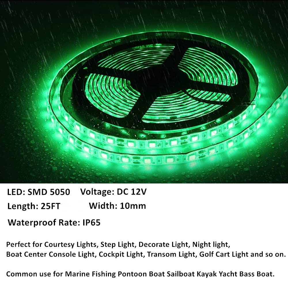 Vbakor LED Boat Lights, Waterproof 25FT Green Strip Lights, Marine Pontoon Deck Interior Lighting, Under Gunnel Night Fishing Accessories