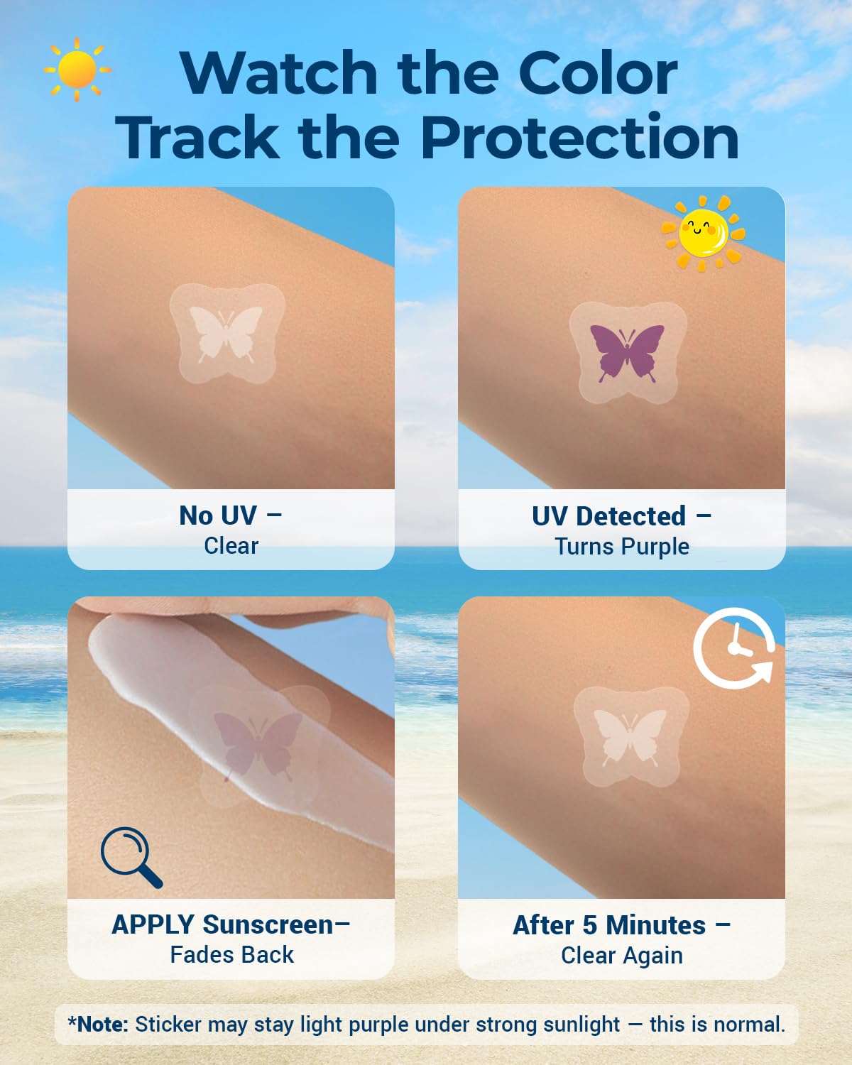 80 Pack UV Detection Stickers for Sunscreen Butterfly Pattern- Sunscreen Dots UV Stickers for Kids Adults -Waterproof Sun Protec