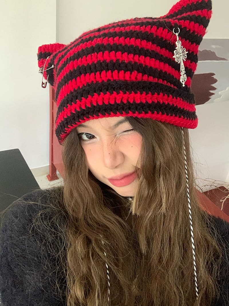Y2k Beanies Crochet Knitted Cat Hats Goth Cross Devil Hat Striped Alt Emo Accessories Grunge Y2k Aesthetic Clothes (Red,One Size)