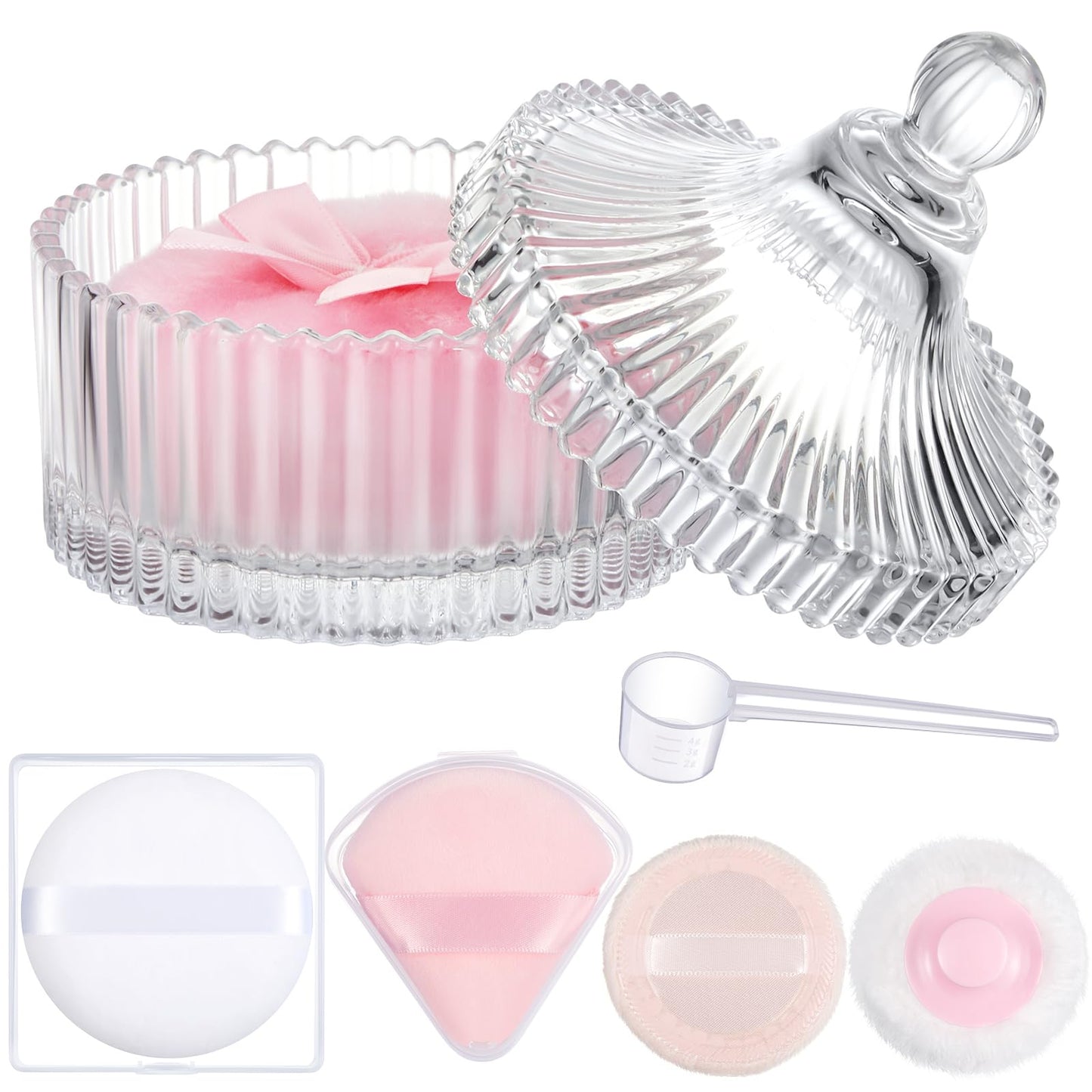 Tioncy 7 Pcs Large Body Powder Puff and Container Set Powder Container with Powder Puff Crystal Container Soft Washable Reusable