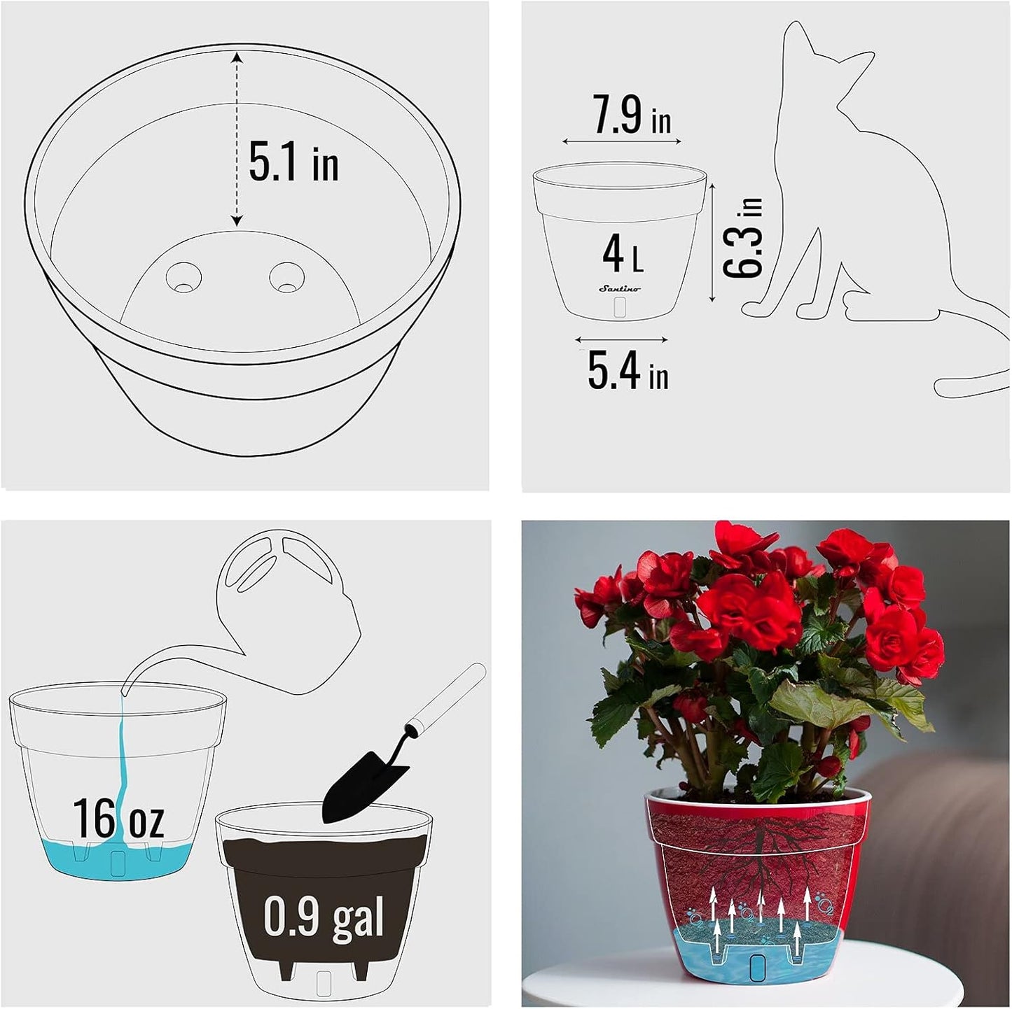 Santino ASTI 7.9 Inch Self Watering Planter Green/Black for Indoor Plants - Premium Quality Modern Plastic Pot w/Water Level Indicator for All House Herbs, Plants, African Violets and Dahlias…