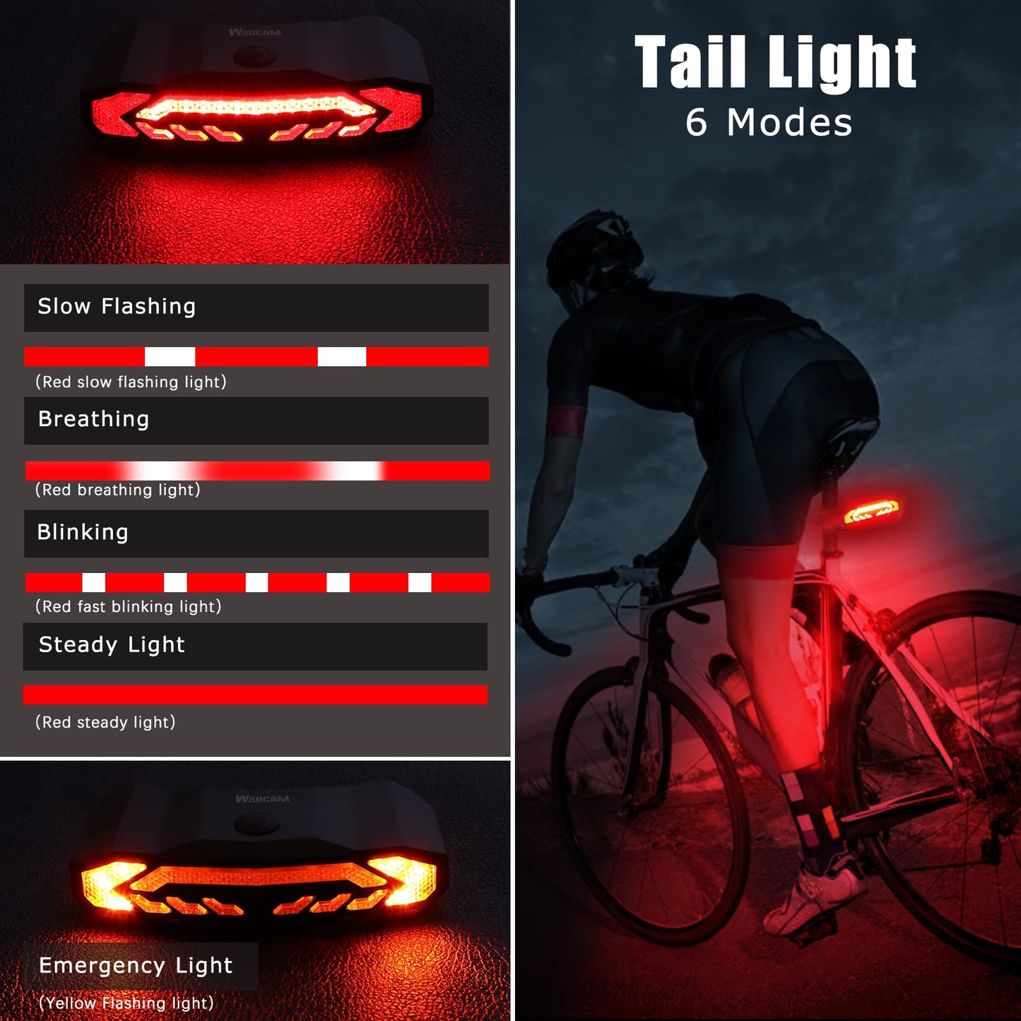 WSDCAM Smart Bike Tail Light with Turn Signals, Waterproof, Rechargeable, Black