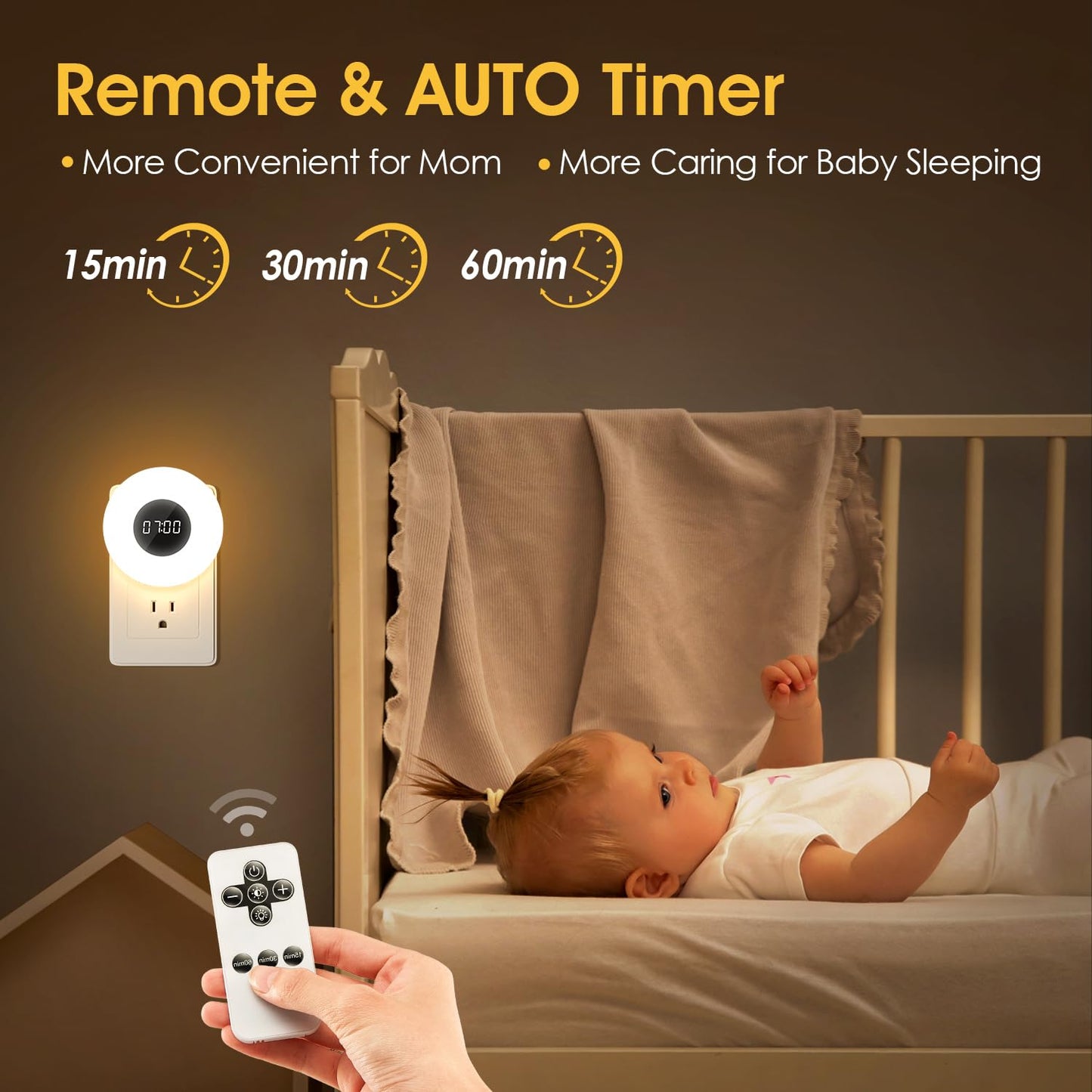 One Fire Night Light, 2PCS LED Plug-in Night Lights, Dimmable, 3 Light Colors, Bathroom Clock, Remote & Timer, ABS Material