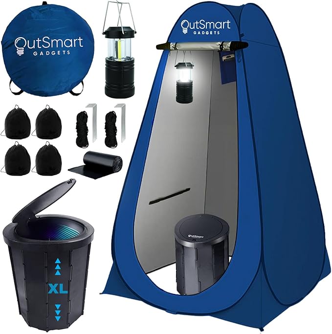Outdoor Portable Toilet Set for Adults with Camping Night Lantern, Folding XL Toilet, Pop Up Privacy Tent and Carry Bags, Multipurpose Potty, Washable and Foldable for RV Travel