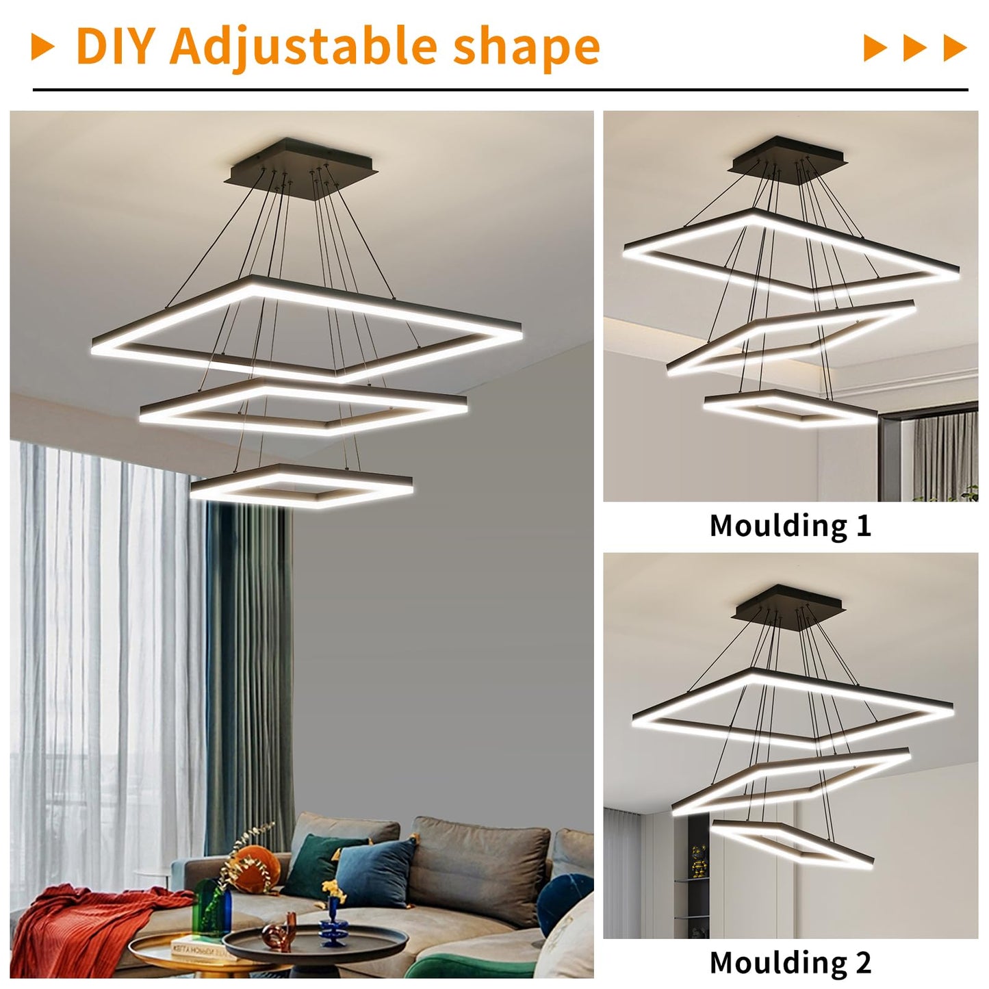 Matven Ceiling Chandelier, Remote Control, Dimmable 3 Color Modes, 15.7+23.6+31.4in, Black, Aluminum Pendant Light Fixture