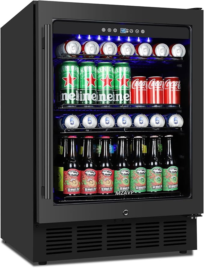 24 Inch Wide Beverage Refrigerator, Under Counter Beverage Cooler with Glass Door, 180 Cans Drink Fridge Built-in/Freestanding Beer Fridge with Powerful Cooling for Home/Kitchen, Black