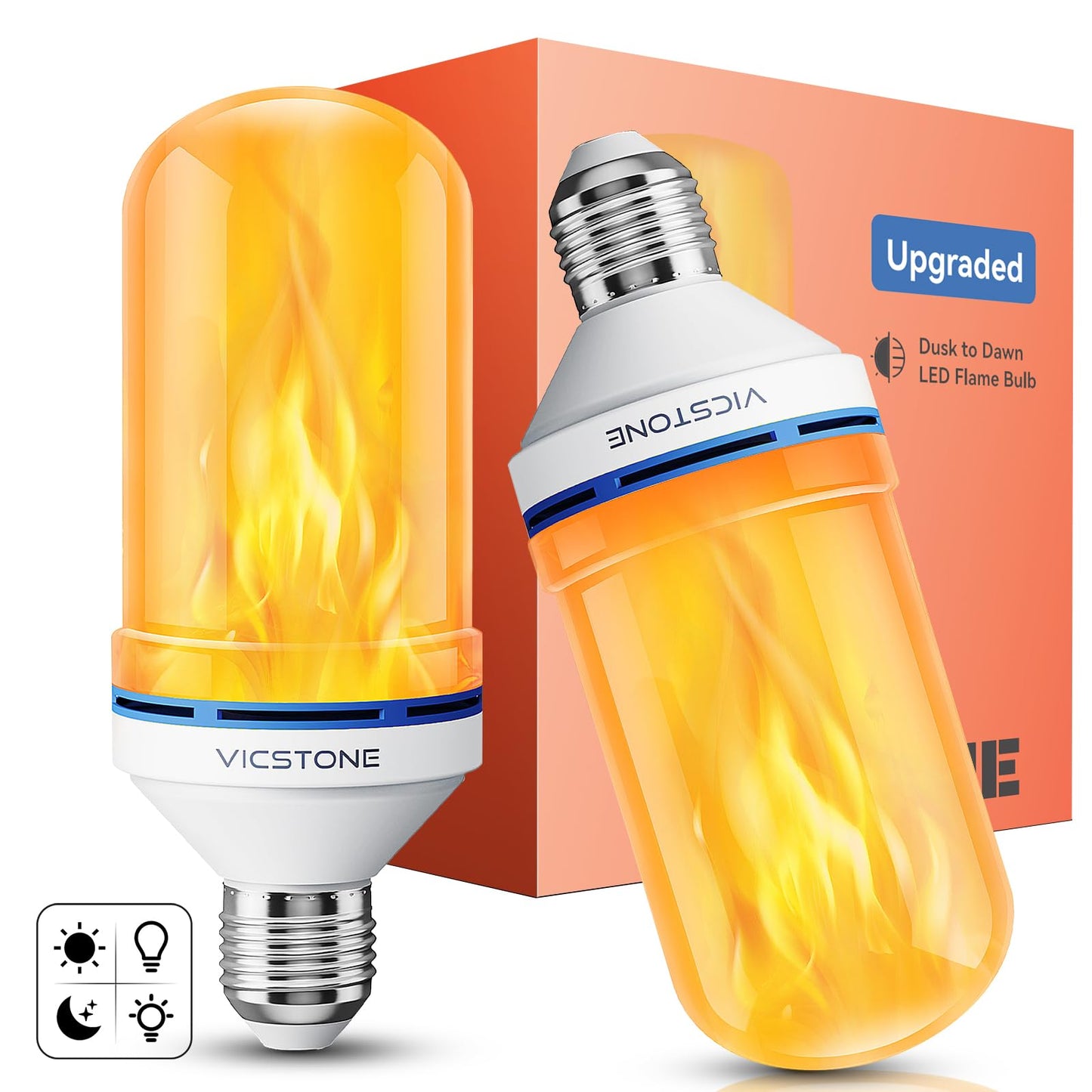 Vicstone Dusk to Dawn LED Flame Light Bulbs, 4 Modes E26, 2 Pack, Flickering Effect, Plastic, Outdoor/Indoor Decorations