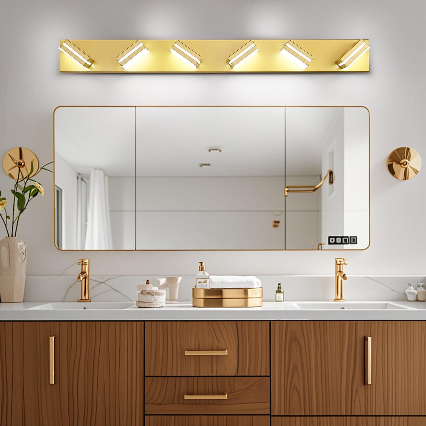 Jzekvn Modern Led Bathroom Lights Fixtures(6-Light) Metal Gold Acrylic Wall Lighting Vanity Lights For Bathroom Over Mirror(6000K 41In