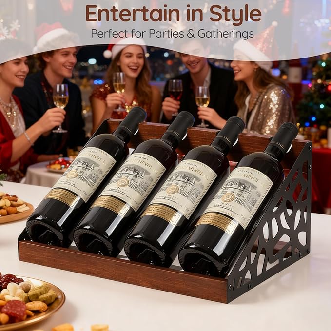 4-Bottle Rustic Countertop Wine Rack, Freestanding Wooden Tabletop Wine Bottle Holder for Cabinet, Pantry, Table, Kitchen