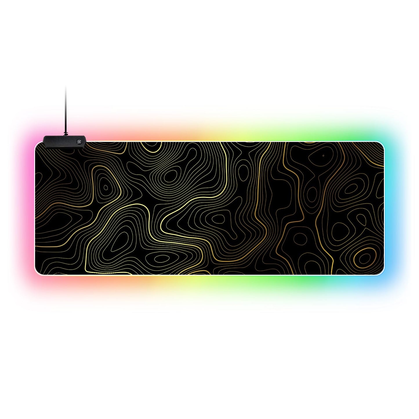RGB Mouse Pad LED Desk Mat Large Gaming Mousepad Black and Gold Line Design, Keyboard Pad XL Mouse Mat for Home and Office (Black with Gold Topographic Line)