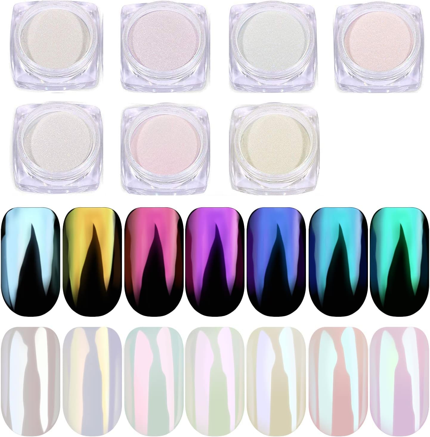 Pretty Diva 7 Colors Pearl Chrome Powder Set, Magic White Pearl Chrome Powder for Nails Aurora Iridescent Pearl Nail Chrome Powd