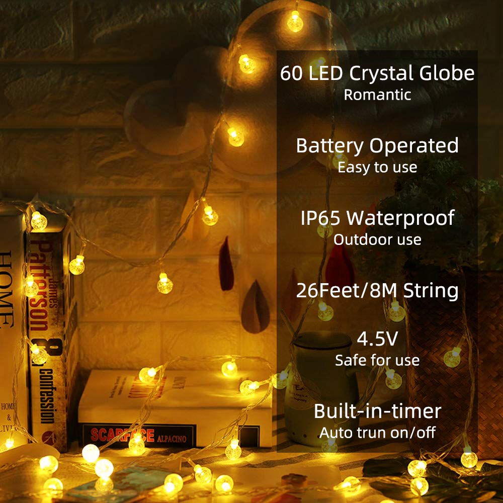 Metaku Globe String Lights, 26ft, 60 LEDs, Battery Operated, Warm White, Waterproof, Decorative for Home, Party, Garden, Wedding