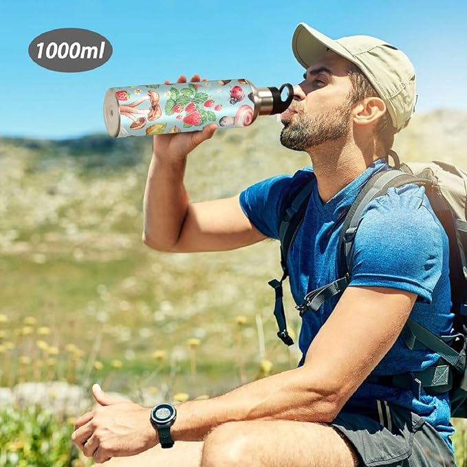 Alaza Summer Ladybug Strawberry Mushroom Water Bottle With Straw Lids Boys Girls,Vacuum Insulated Leakproof Stainless-Steel Sports Bottle Thermal Flask For Gym Yoga Camping,20Oz (600Ml)