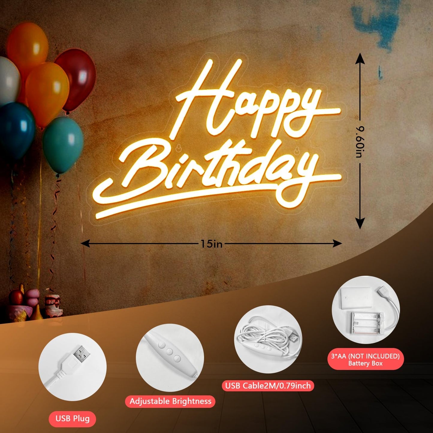 Happy Birthday Neon Sign Battery Operated  Usb Powered Neon Signs For Wall Decor  Adjustable Brightness Happy Birthday Signs(15 X 9.6 Inches)