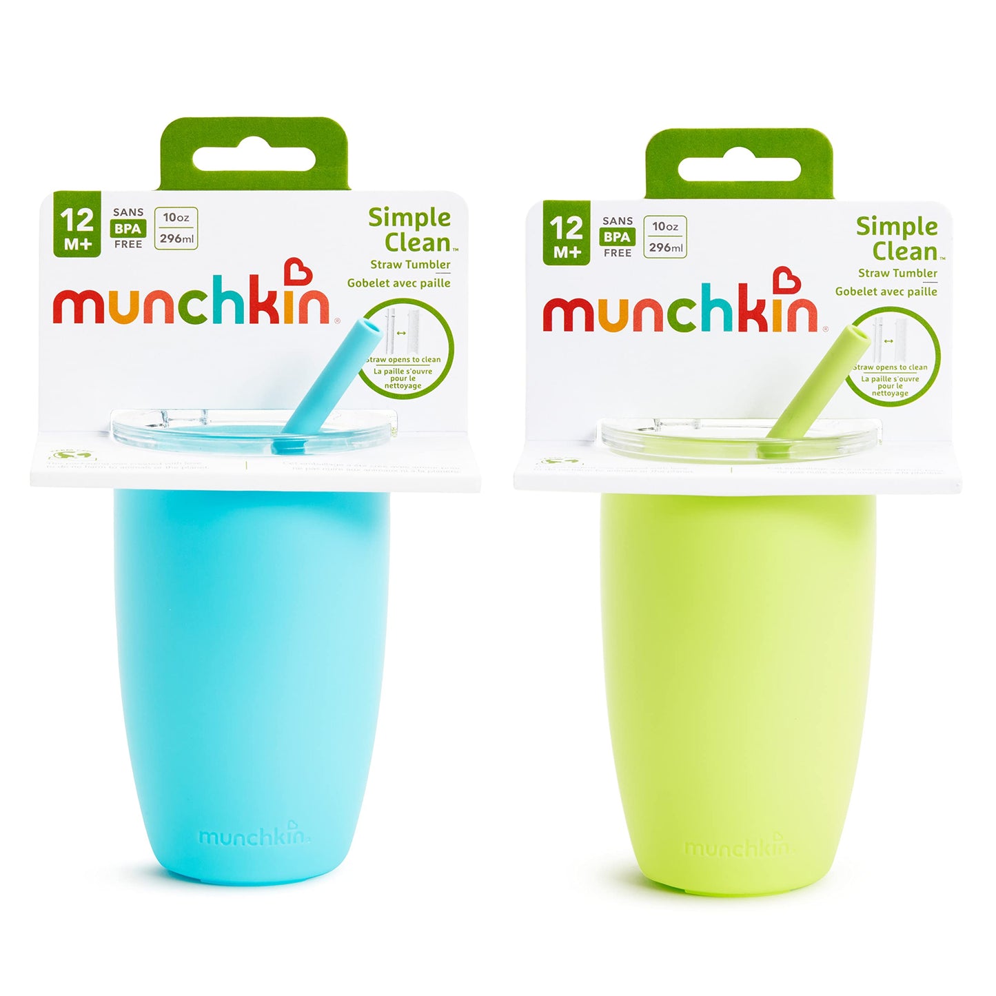 Munchkin® Simple Clean™ Toddler Sippy Cup Tumbler with Easy Clean Straw, 10 Ounce, 2 Pack, Blue/Green