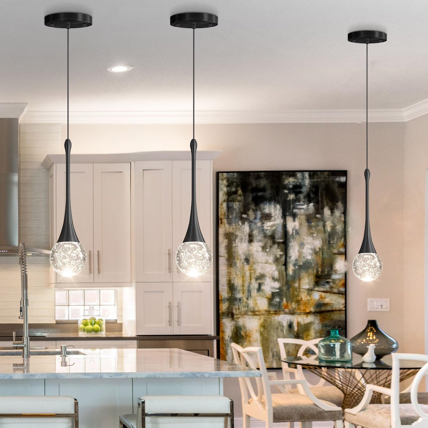 Cenozo Modern Pendant Lights For Kitchen Island Led Dimmable Crystal Glam Ceiling Pendant Lighting For Dining Room Hallway Bedroom Corner Lamp Black