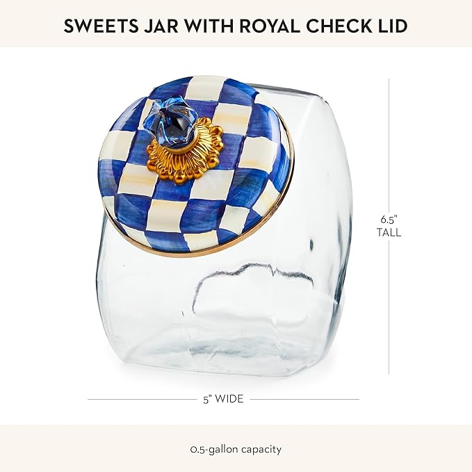 MACKENZIE-CHILDS Sweets Jar with Enamel Lid, Small Glass Cookie Jar or Kitchen Jar, 0.5-Gallon Capacity, Blue-and-White Royal Check