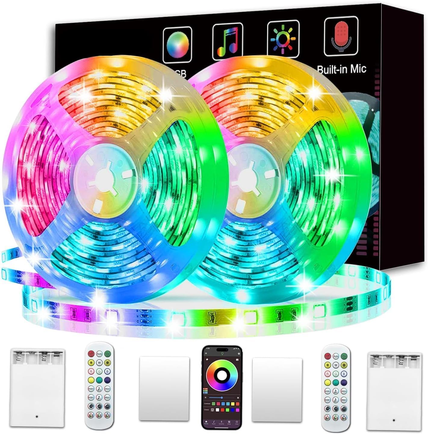 L8star Battery Powered Led Strip Lights, 2x16.4Ft (32.8Ft),Two Sets of Strip Light with 4 AA Battery Box/USB RGB LED Lights, Remote and APP Control