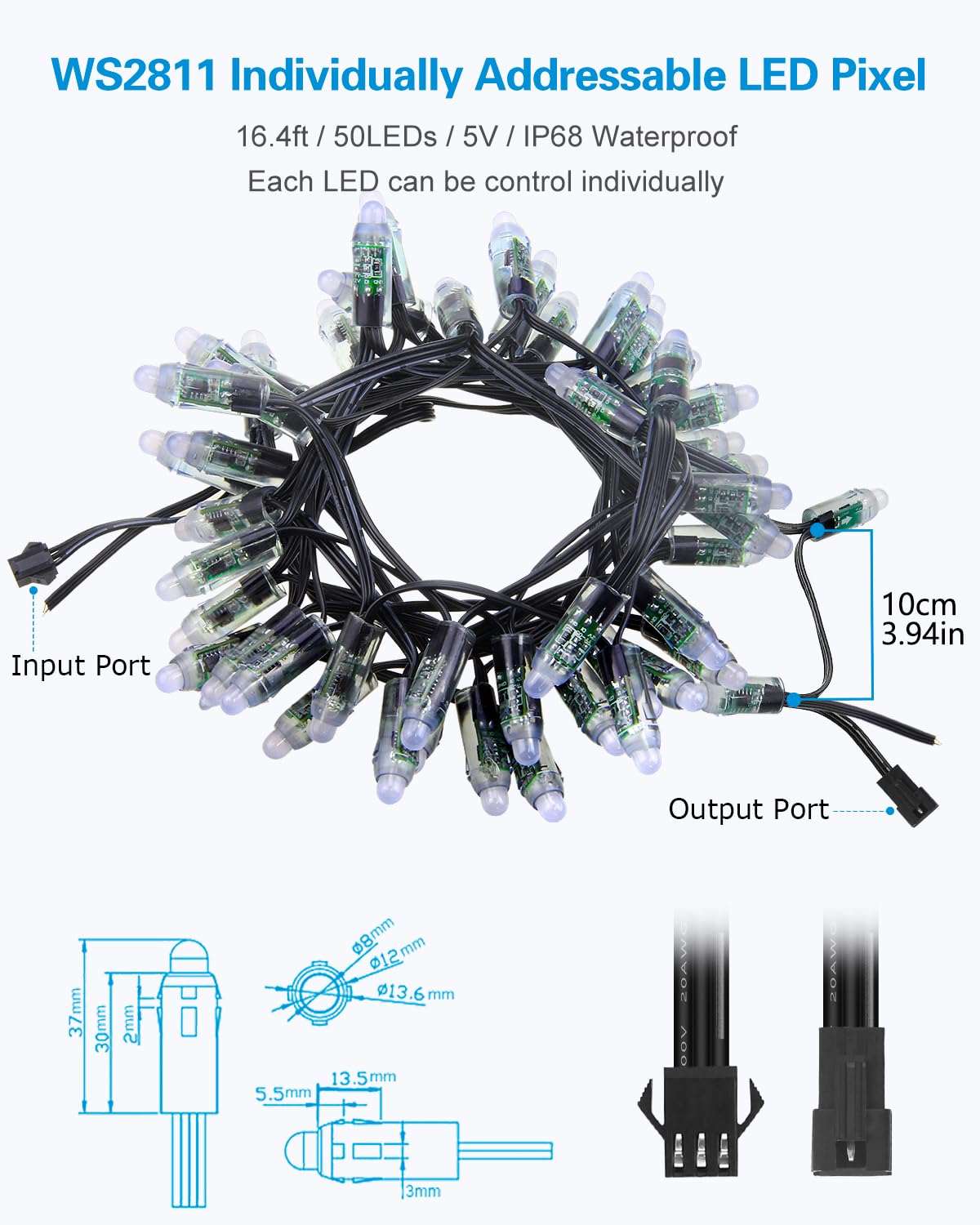 ALITOVE WS2811 LED Pixel Light 50pcs 5V RGB Waterproof Module Round Black Wire