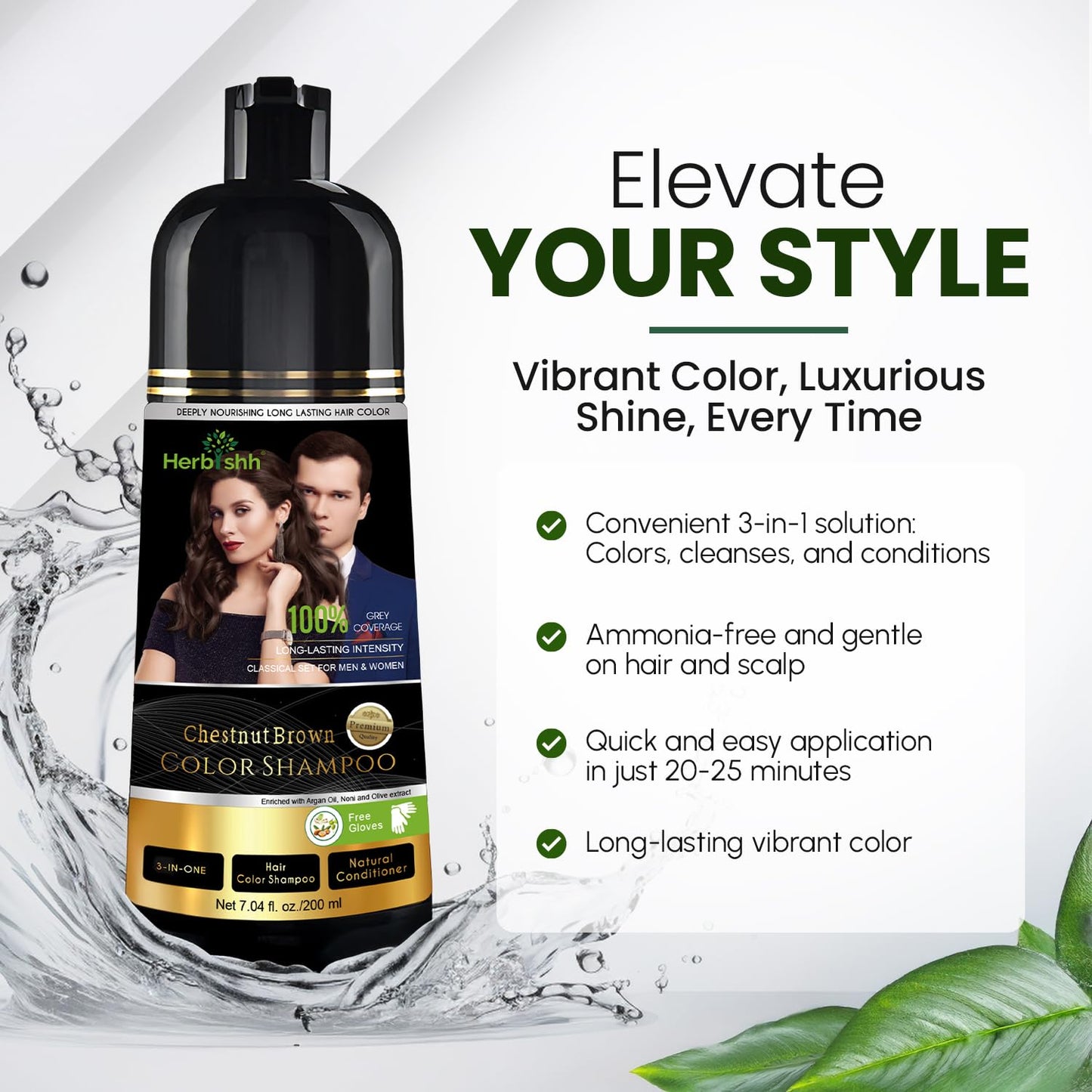 Herbishh Chestnut Brown Shampoo, Hair Dye Shampoo 3 in 1, 100% Grey Coverage, Demi-Permanent Hair Color for Men & Women, Long-la
