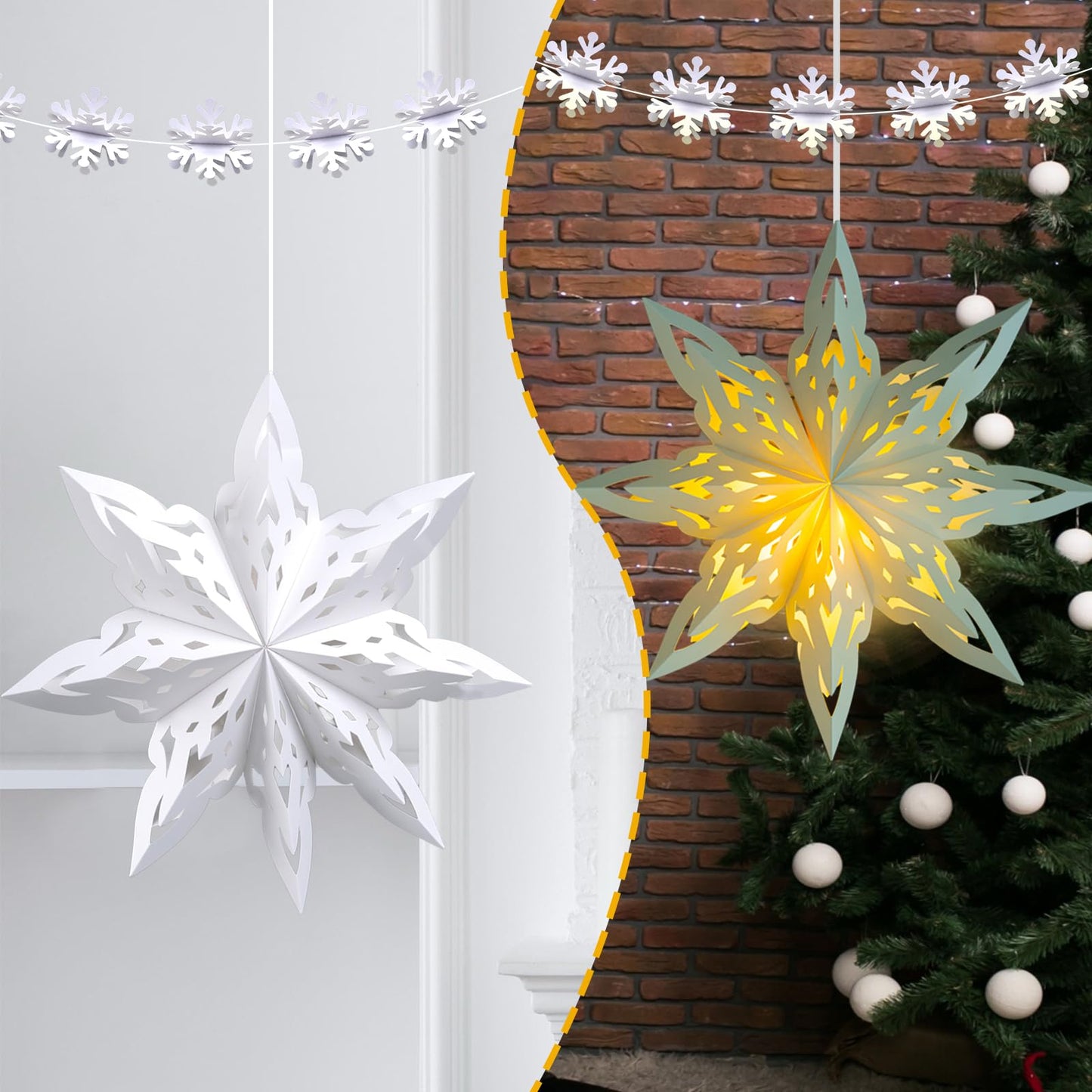 Christmas Snowflake Paper Lanterns  2 Pcs Christmas Paper Star Lanterns With Led Lights Large White Hanging Decorations For Xmas Tree New Year Winter Frozen Weddings Birthday Holiday Party Decor