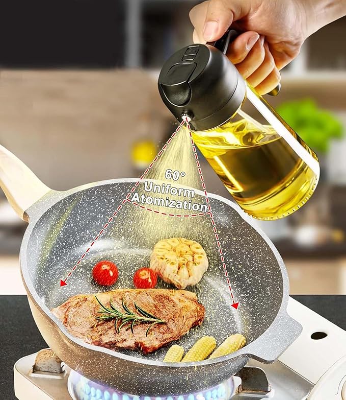 Oil Sprayer for Cooking 2 in 1 Olive Dispenser Bottle 16oz/470ml Kitchen Gadgets for Air Fryer, Salad, BBQ - Glass Mister Spray -Transparent Black