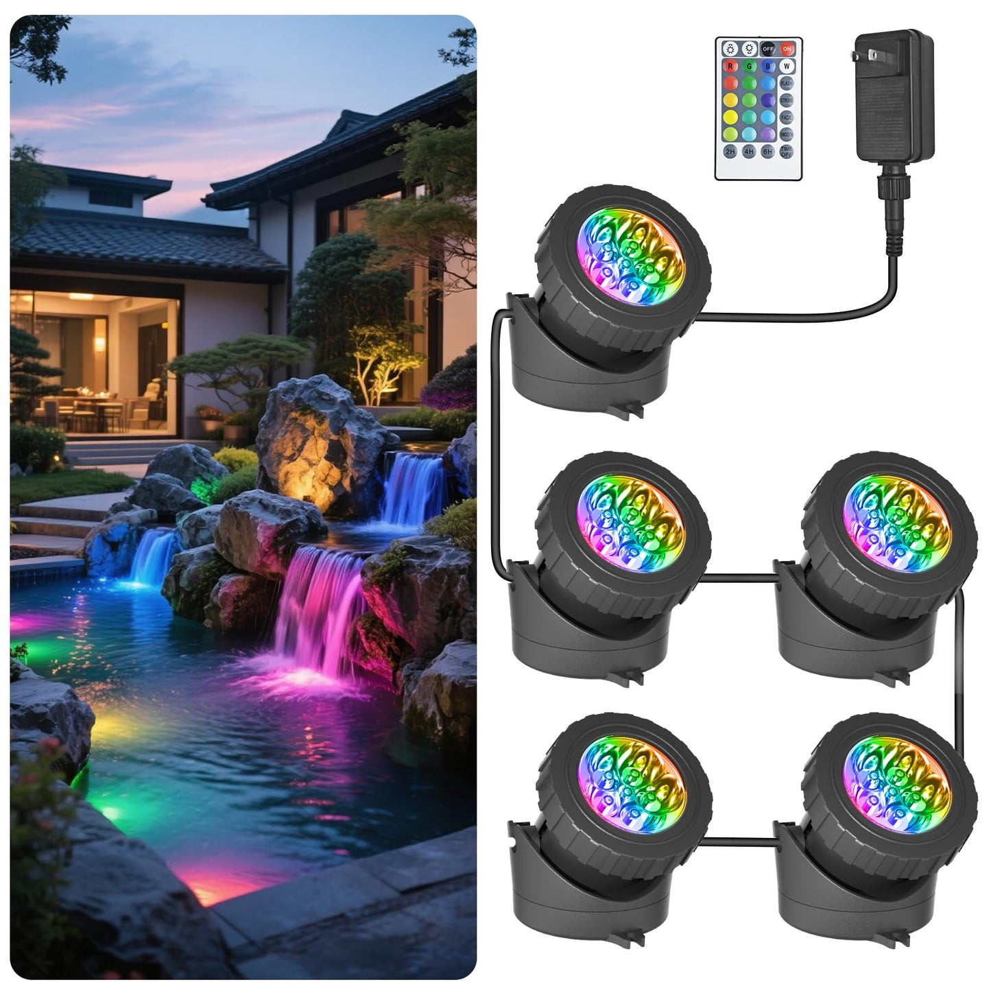 T-SUN LED Pond Light, 5 Head Submersible RGB Lights, Remote Control, Model TS-F2210, Color F2210-RGB, 5-IN-1