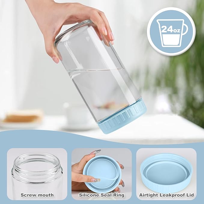 Overnight Oats Containers with Lids, 24oz Glass Jars with Lids 4 pcs, Light Blue, Wide Mouth Mason jars for Salad, Yogurt, Snacks, Meal Prep