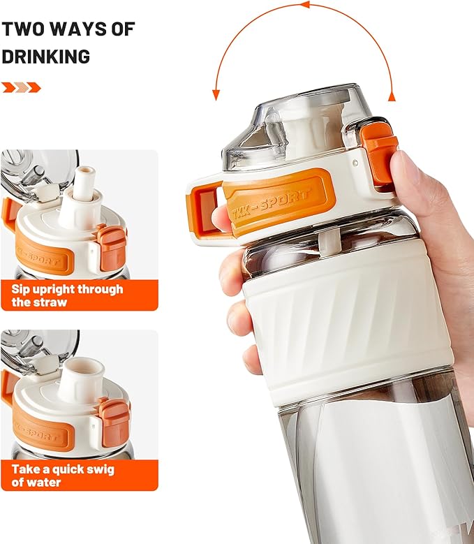 TKK 20oz Sports Water Bottles with Removable Straw Durable BPA Free Tritan Bottles Leak-Proof Water Bottles for School, Fitness, Gym, Outdoor, White